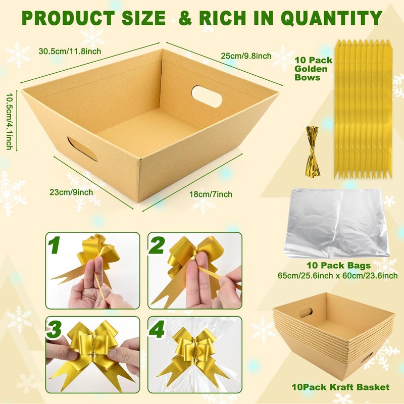 AKOBEARLA 10PACK Empty Gift Basket Set, 11.8x9.8” Thick Kraft Market Tray Gift Basket with 10 Bows 10 Bags Empty Gift Baskets for Christmas Thanksgiving Valentine Easter Wedding Birthday Party Gift Wrapping (Kraft) - Image 2